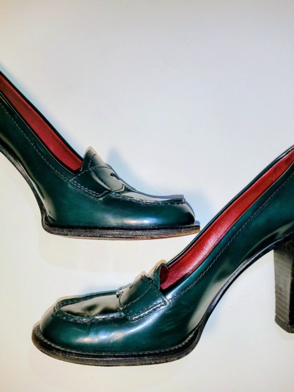 Prada Green Leather Penny Loafer Luxury Heels EU 38 39 US 8.5 Made in Italy - Picture 4 of 11